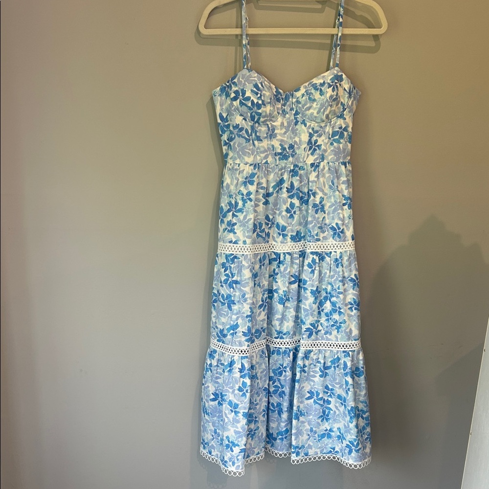 Aqua Blue and White Floral Midi Dress